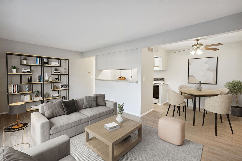 a living room with a couch and a table