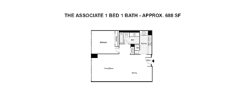 A floor plan of a 1 bedroom apartment.