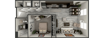 A 3D rendered image of a modern living room and kitchen.