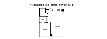 A floor plan of a one bedroom apartment with a bathroom and a living room.