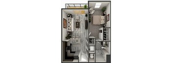 A 3D rendered image of a small apartment layout.