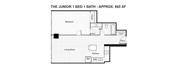 A floor plan of a junior one bedroom apartment with a bathroom and living room.