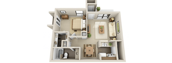 A 3D floor plan of a house with a kitchen, living room, dining room, and bathroom.