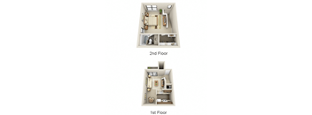 Two images of a house layout, one showing the first floor and the other showing the second floor.