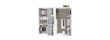 a stylized floor plan with a bedroom and a living room