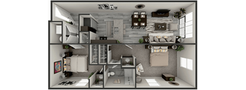 A 3D rendered image of a modern, minimalist apartment layout.