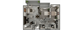 A 3D rendered image of a small apartment layout.
