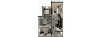 A 3D floor plan of a small apartment with a living room, kitchen, and bathroom.