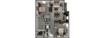A 3D floor plan of a small apartment with a bedroom, living room, kitchen, and bathroom.