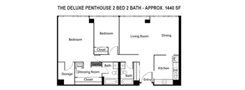 A floor plan of a 2 bedroom, 2 bathroom apartment.