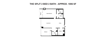 A floor plan of a split 2 bedroom 2 bath apartment.