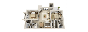 A 3D floor plan of a house with a kitchen, living room, and two bedrooms.