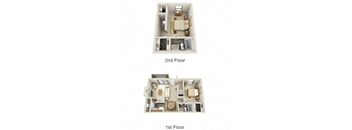 Two images of a house showing the first and second floor layouts.