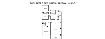 A floor plan of a 3 bedroom, 2 bathroom apartment.