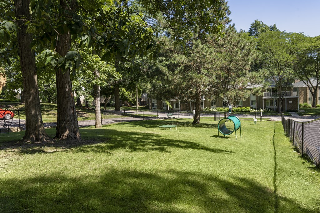 a park with a green playground and trees