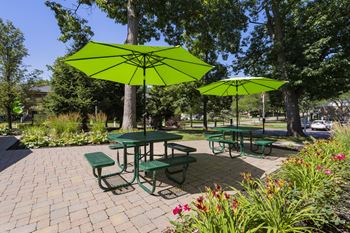 a picnic area with benches and umbrellas in a park