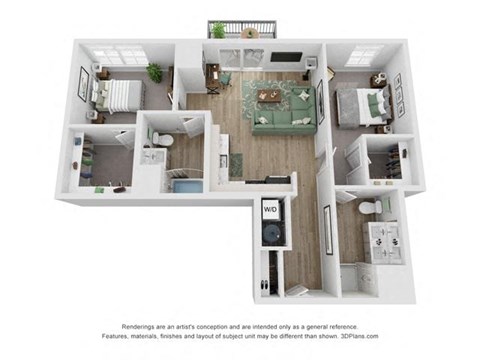 a stylized floor plan with a bedroom and a living room