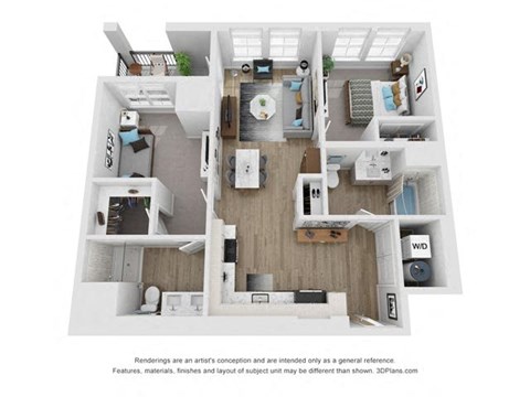 a 2 bedroom floor plan with a bathroom and a kitchen