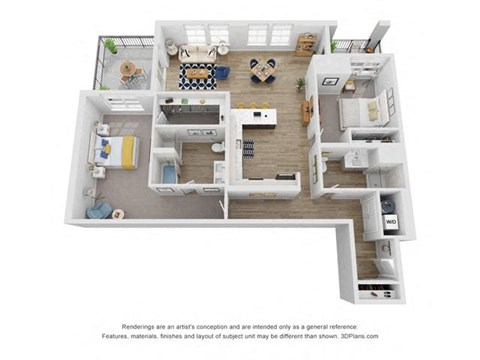 a stylized floor plan is shown with a bedroom and living room