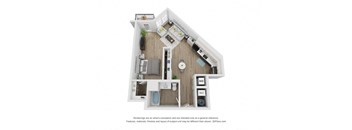 a stylized floor plan of a 1 bedroom apartment with a bathroom and a balcony