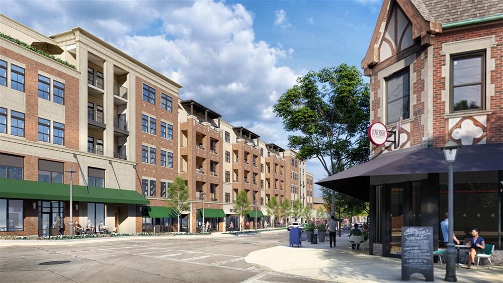 a rendering of a city street with brick buildings