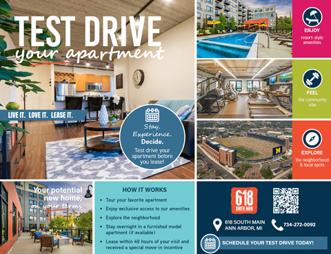 A flyer advertises a test drive for an apartment, highlighting the amenities and the process of how it works.