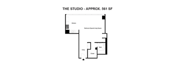 A floor plan of a studio apartment with a kitchen, closet, bath, and living space.