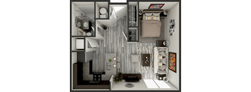 A modern, minimalist interior design of a small apartment with a kitchen, living room, and bedroom.