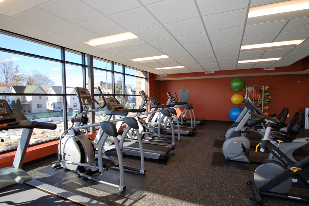 A gym with treadmills, exercise balls, and other equipment.