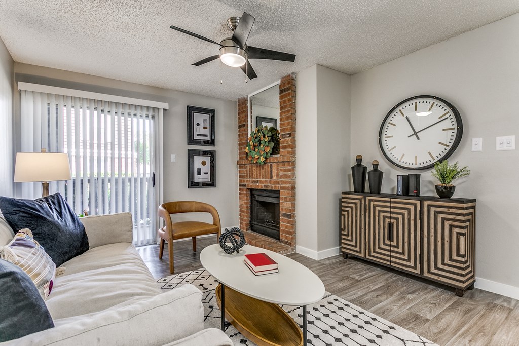 an open living room with a fireplace