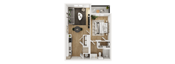 A small apartment with a bedroom, living room, and kitchen area.