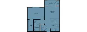 A floor plan of a house with a bedroom, bathroom, kitchen, living room, and closet.