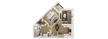 A detailed 3D floor plan of a small apartment.