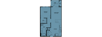 A floor plan of a house with a living room, kitchen, bedroom, and bathroom.