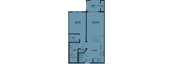 A floor plan of a house with a bedroom, living room, kitchen, bathroom, and two closets.