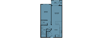 A floor plan of a house with a living room, kitchen, bedroom, and bathroom.