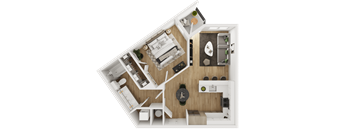 A top-down view of a small apartment with a kitchen, living room, and bathroom.