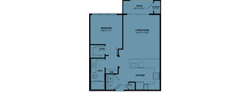 A floor plan of a house with a bedroom, living room, kitchen, bathroom, and closet.