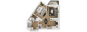 A top-down view of a small apartment with a kitchen, living room, and bathroom.