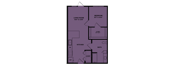 A purple floor plan of a house with a living room, kitchen, bathroom, bedroom and laundry.