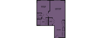 A purple and green floor plan of a house with a bedroom, living room, bathroom, laundry, kitchen, and closet.