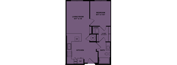 A purple floor plan of a house with a living room, kitchen, bathroom, and bedroom.