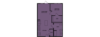A purple floor plan of a house with a living room, kitchen, bath, and bedroom.