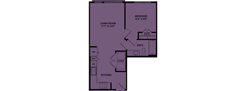 A floor plan of a room with a living room, kitchen, bathroom, and bedroom.
