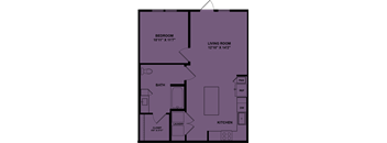 A floor plan of a room with a bedroom, living room, bath, kitchen, and closet.