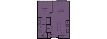 A purple floor plan of a house with a bedroom, living room, bathroom, laundry, kitchen, and closet.