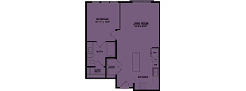 A floor plan of a room with a bedroom, living room, bath, laundry, closet, and kitchen.
