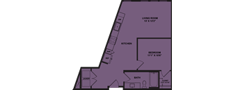 A floor plan of a small apartment with a living room, kitchen, bedroom, bathroom, and laundry area.