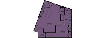 A purple floor plan of a house with a living room, kitchen, and bathroom.