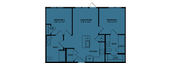 A blueprint of a house layout with three bedrooms, a living room, a kitchen, a bath, and a laundry area.